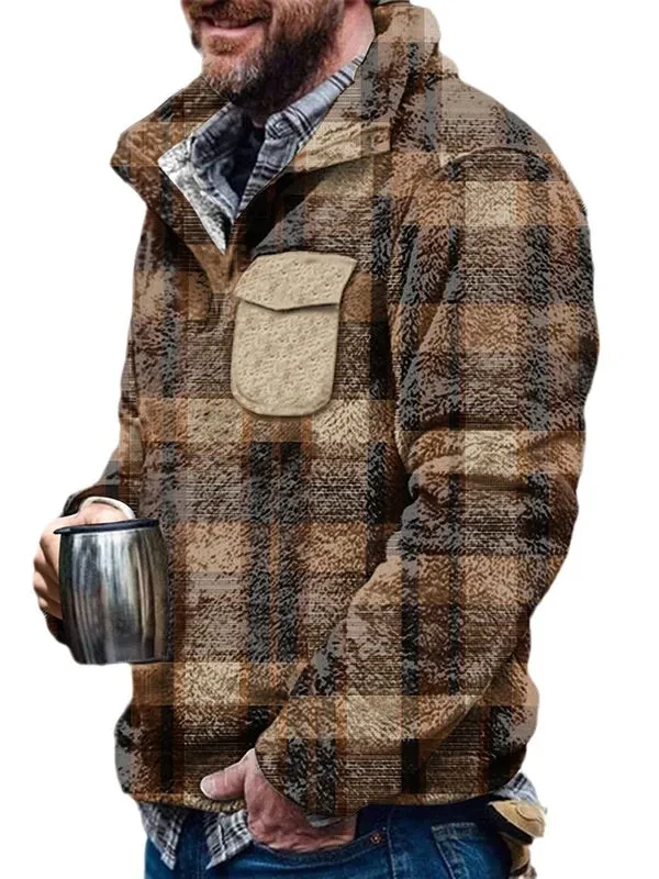 Men's Flannel Casual Retro Button Pullover Sweatshirt
