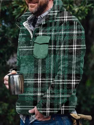 Men's Flannel Casual Retro Button Pullover Sweatshirt