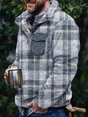 Men's Flannel Casual Retro Button Pullover Sweatshirt