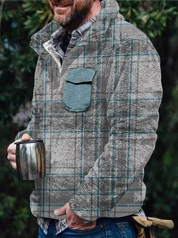 Men's Flannel Casual Retro Button Pullover Sweatshirt