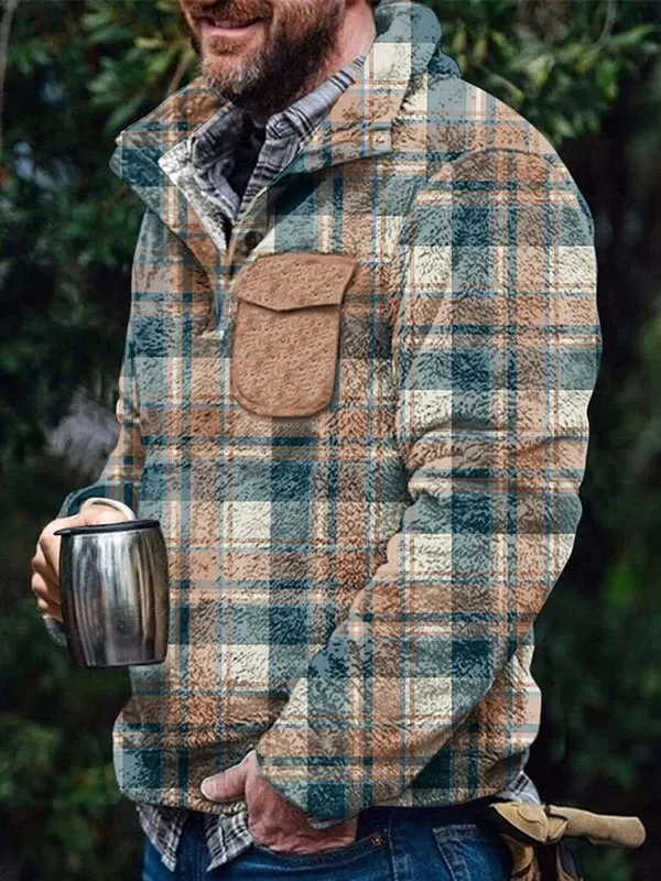Men's Flannel Casual Retro Button Pullover Sweatshirt