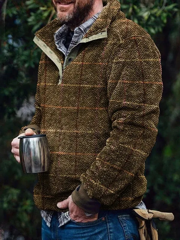 Men's Flannel Casual Retro Button Pullover Sweatshirt