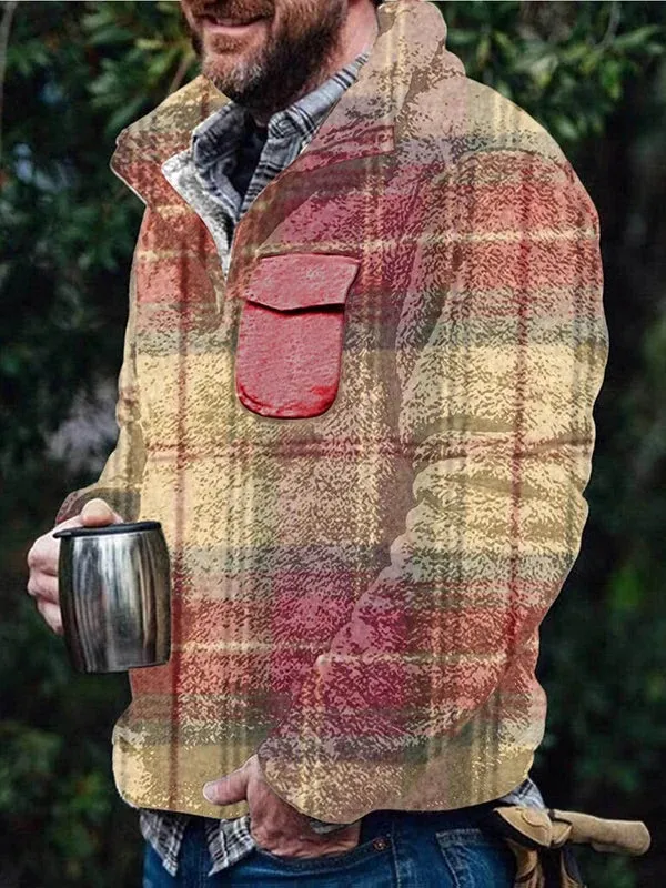 Men's Flannel Casual Retro Button Pullover Sweatshirt