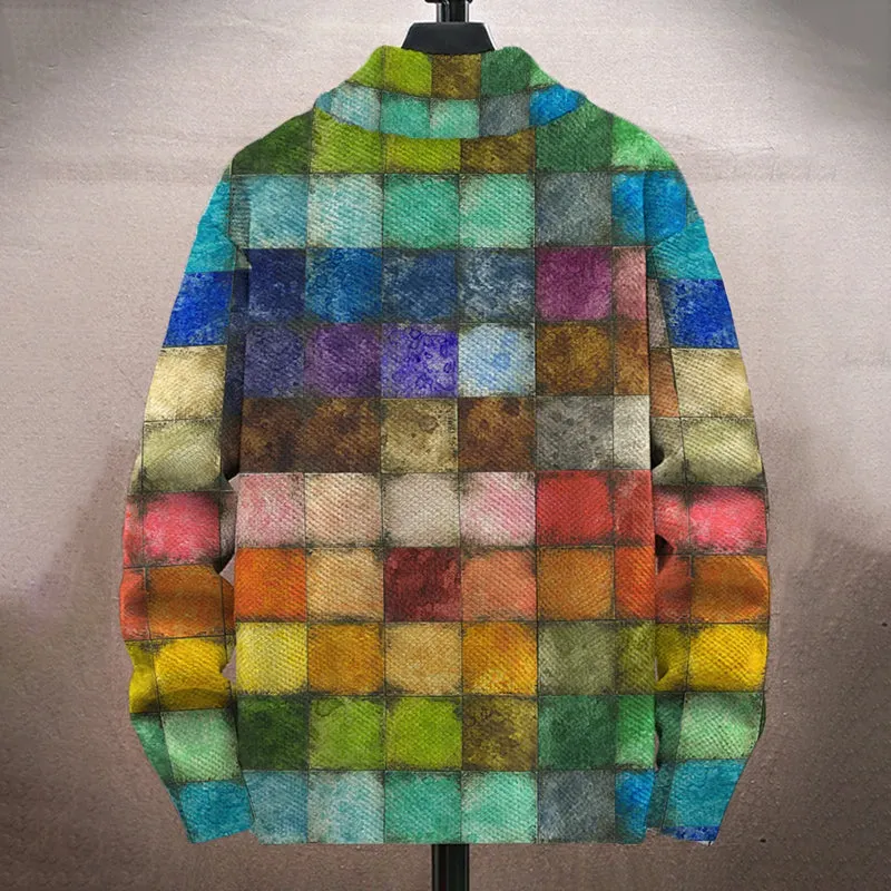 Men's Retro Colorful Plaid Print Long-Sleeved Zip Cardigan Jacket