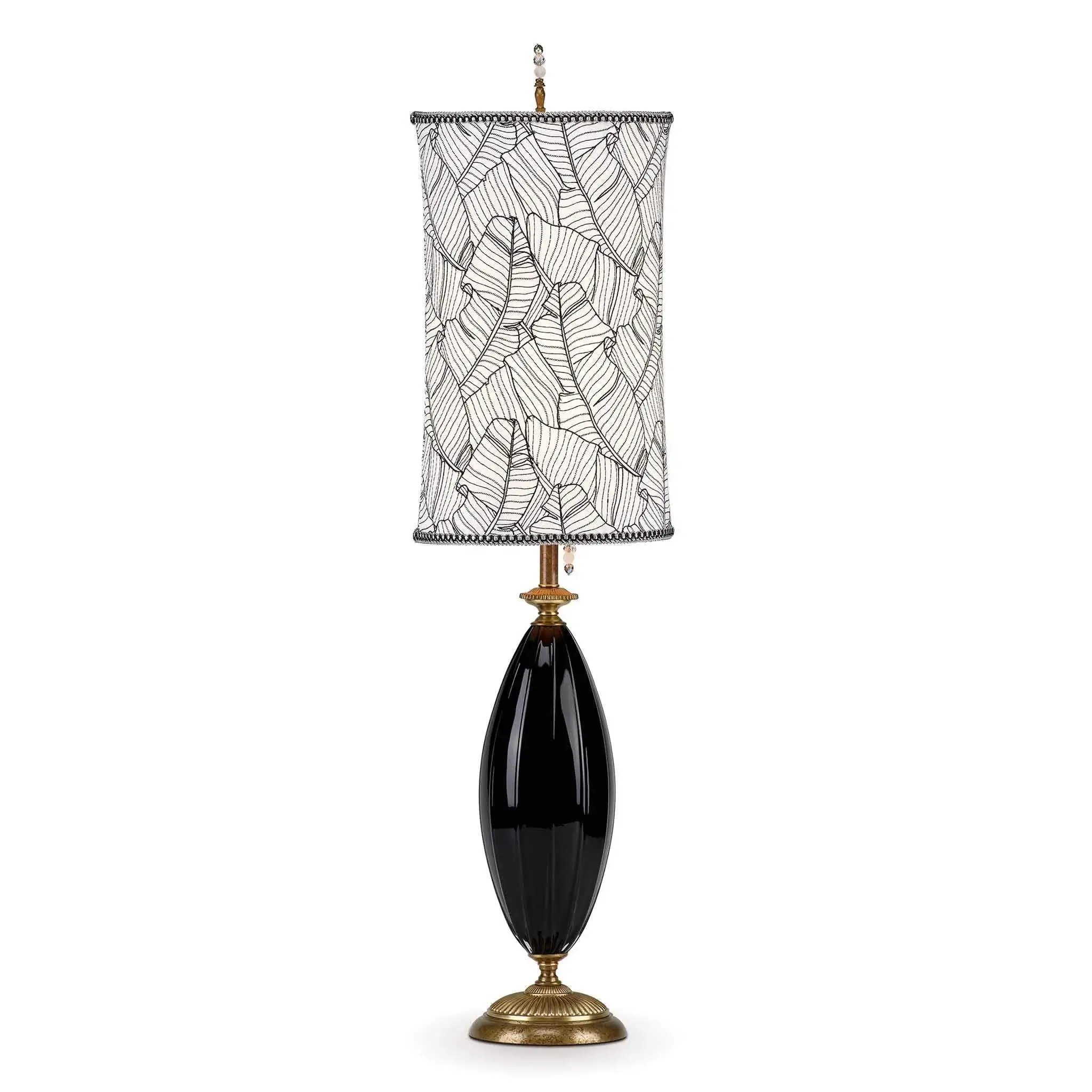 Molly Table Lamp 161 Ai 150 by Kinzig Design, Colors Black Blown Glass, Black and White Embroidered Shade
