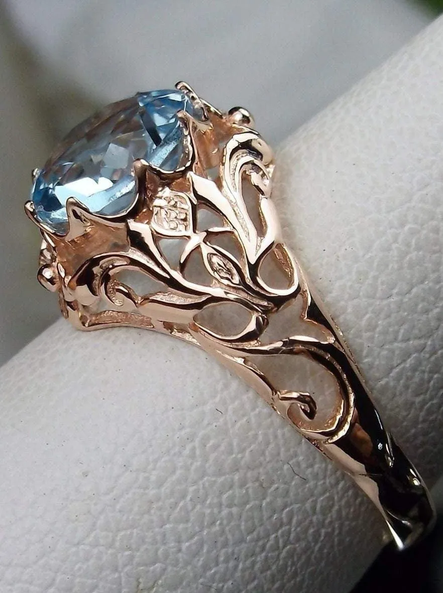 Natural Sky Blue Topaz Ring, Rose Gold Daisy Filigree, Victorian Reproduction Jewelry #D66
