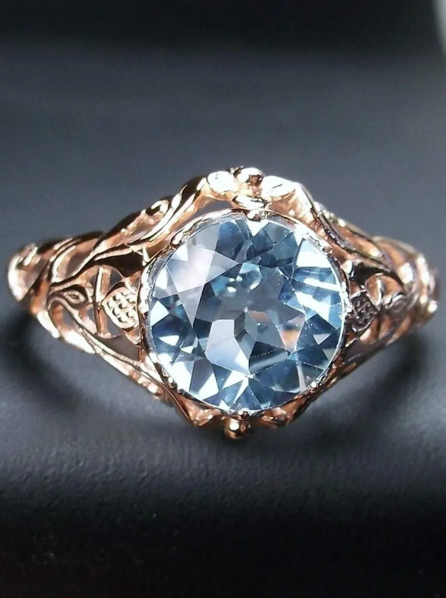 Natural Sky Blue Topaz Ring, Rose Gold Daisy Filigree, Victorian Reproduction Jewelry #D66