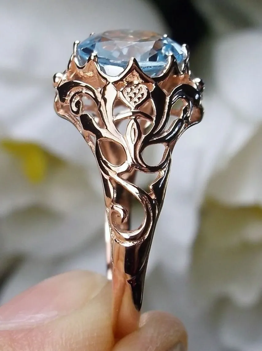 Natural Sky Blue Topaz Ring, Rose Gold Daisy Filigree, Victorian Reproduction Jewelry #D66