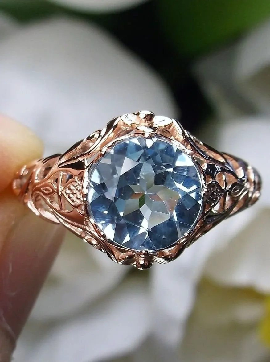 Natural Sky Blue Topaz Ring, Rose Gold Daisy Filigree, Victorian Reproduction Jewelry #D66