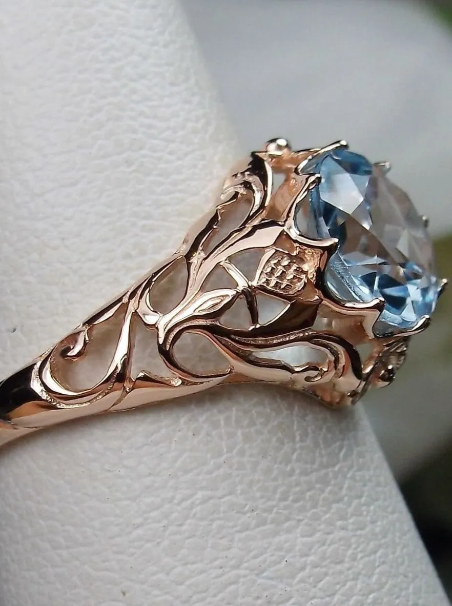 Natural Sky Blue Topaz Ring, Rose Gold Daisy Filigree, Victorian Reproduction Jewelry #D66