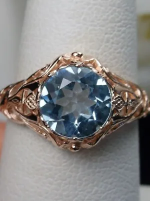 Natural Sky Blue Topaz Ring, Rose Gold Daisy Filigree, Victorian Reproduction Jewelry #D66