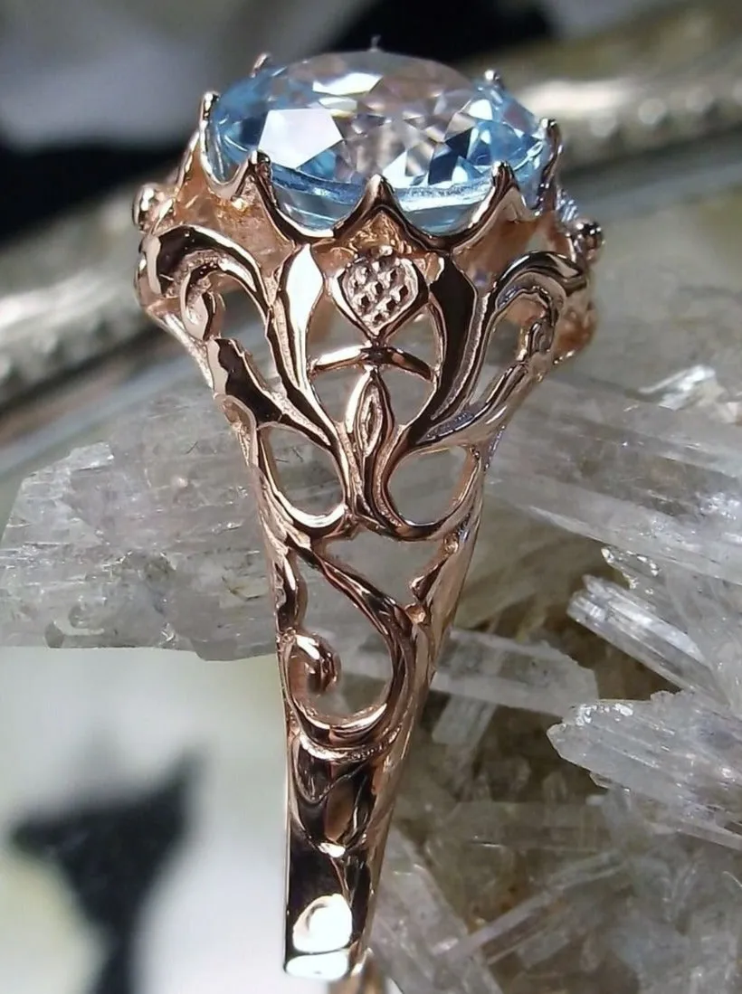 Natural Sky Blue Topaz Ring, Rose Gold Daisy Filigree, Victorian Reproduction Jewelry #D66