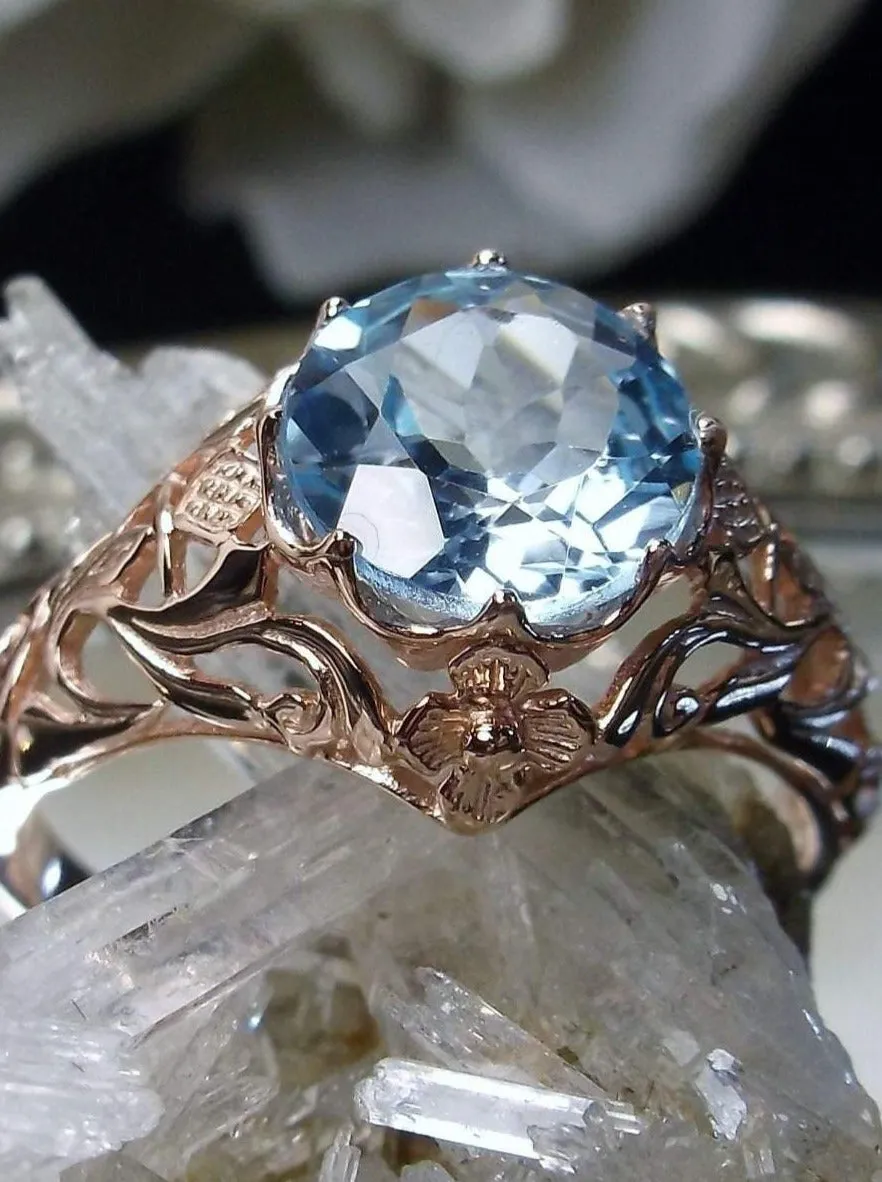 Natural Sky Blue Topaz Ring, Rose Gold Daisy Filigree, Victorian Reproduction Jewelry #D66