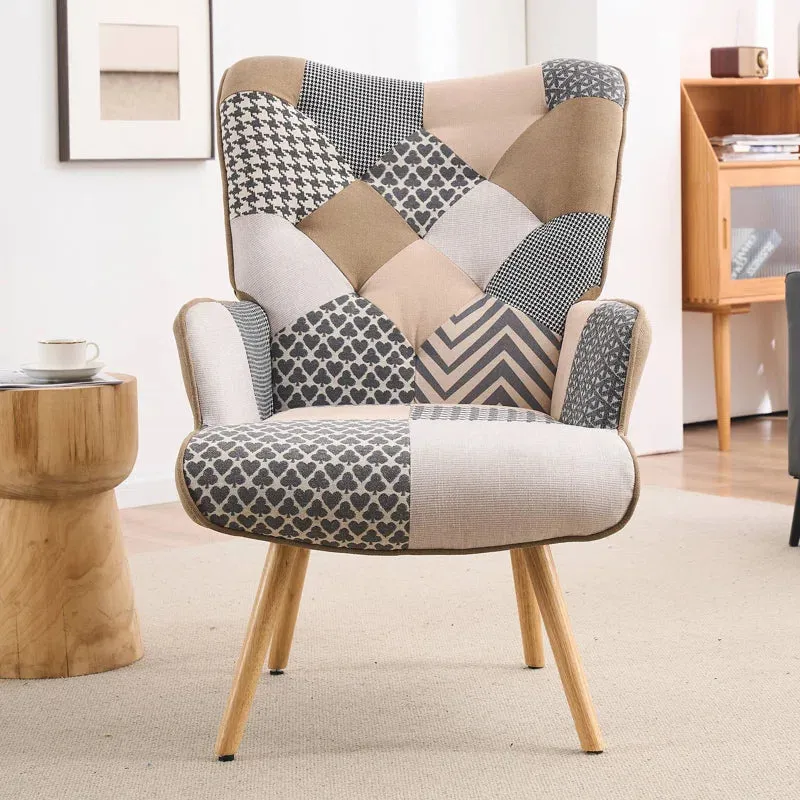 NEW IN BOX Retails $265, George Oliver Heidegard Accent Chair Modern High Back Arm Chair, Colourful Patchwork Reading Chairs for Bedroom, Grey/Cream Polyurethane