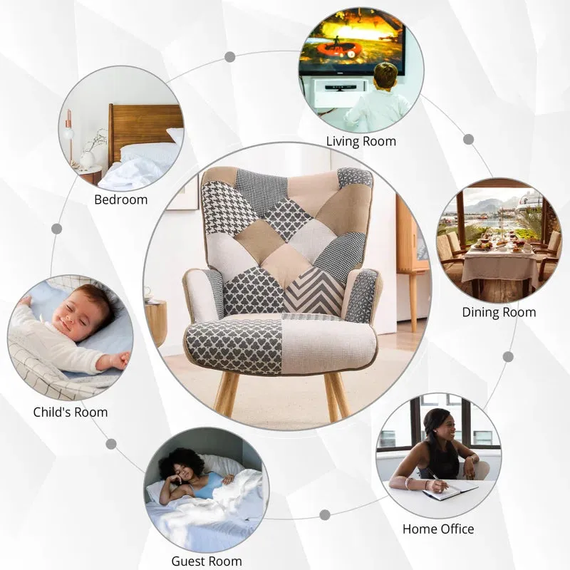 NEW IN BOX Retails $265, George Oliver Heidegard Accent Chair Modern High Back Arm Chair, Colourful Patchwork Reading Chairs for Bedroom, Grey/Cream Polyurethane