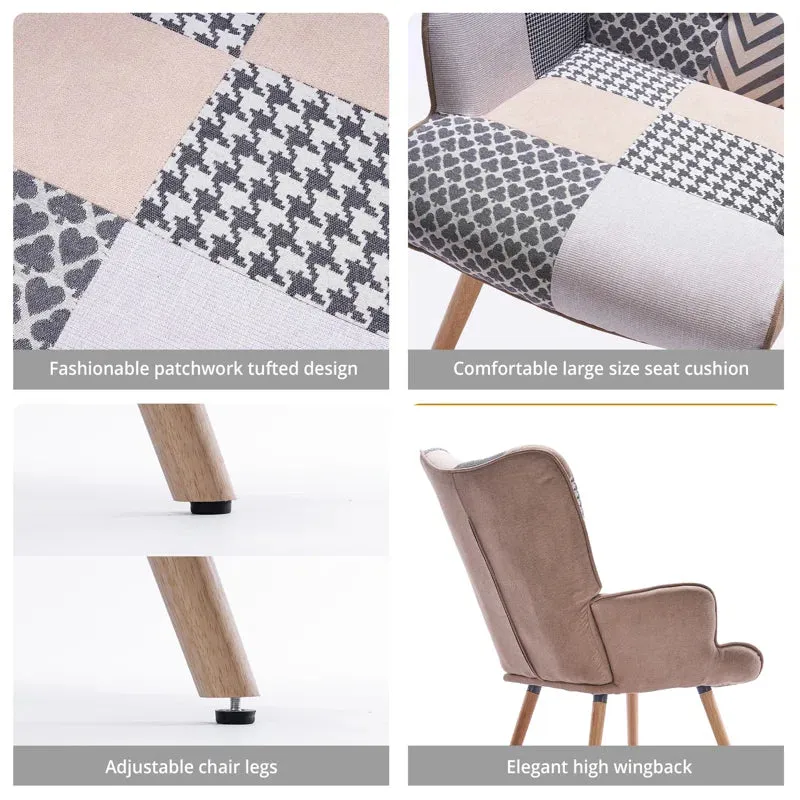 NEW IN BOX Retails $265, George Oliver Heidegard Accent Chair Modern High Back Arm Chair, Colourful Patchwork Reading Chairs for Bedroom, Grey/Cream Polyurethane