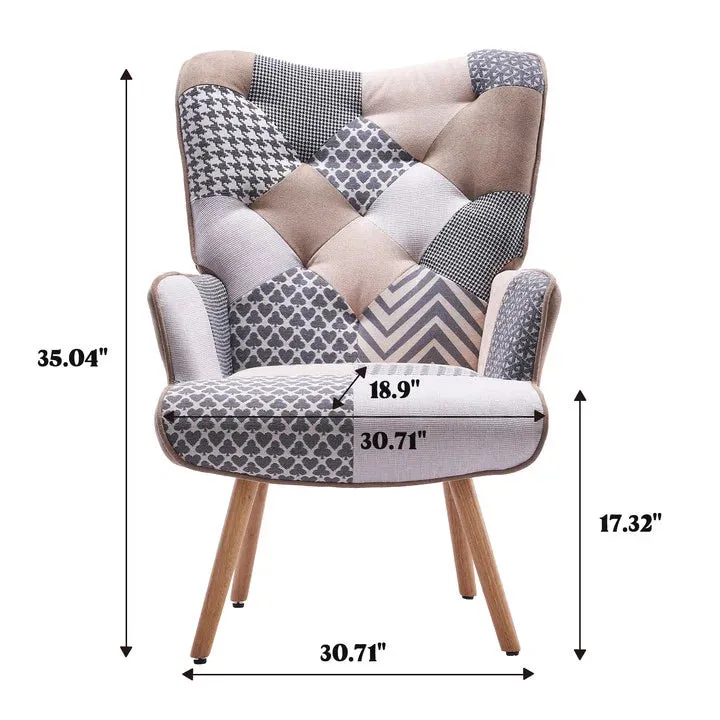 NEW IN BOX Retails $265, George Oliver Heidegard Accent Chair Modern High Back Arm Chair, Colourful Patchwork Reading Chairs for Bedroom, Grey/Cream Polyurethane