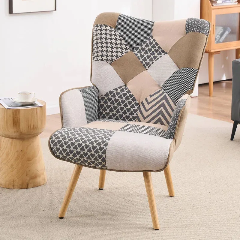NEW IN BOX Retails $265, George Oliver Heidegard Accent Chair Modern High Back Arm Chair, Colourful Patchwork Reading Chairs for Bedroom, Grey/Cream Polyurethane