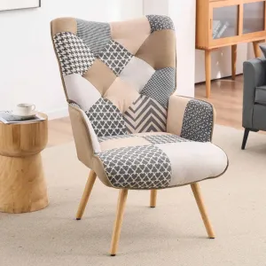 NEW IN BOX Retails $265, George Oliver Heidegard Accent Chair Modern High Back Arm Chair, Colourful Patchwork Reading Chairs for Bedroom, Grey/Cream Polyurethane