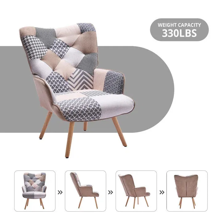 NEW IN BOX Retails $265, George Oliver Heidegard Accent Chair Modern High Back Arm Chair, Colourful Patchwork Reading Chairs for Bedroom, Grey/Cream Polyurethane