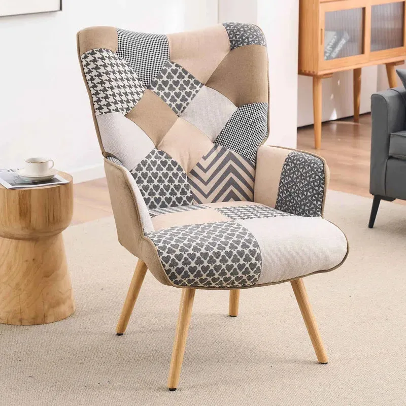 NEW IN BOX Retails $265, George Oliver Heidegard Accent Chair Modern High Back Arm Chair, Colourful Patchwork Reading Chairs for Bedroom, Grey/Cream Polyurethane