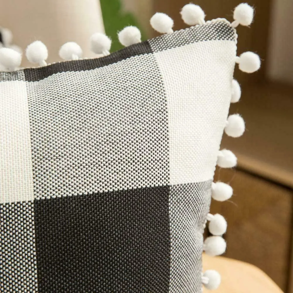 New Pack of 2 MIULEE Set of 2 Retro Farmhouse Buffalo Plaid Check Pillow Cases with Pom-poms Linen Soft Decorative Square Throw Pillow Covers, 20 x 20 Inch, Black and White