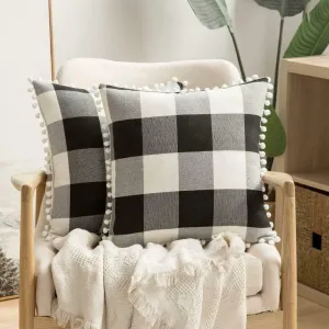 New Pack of 2 MIULEE Set of 2 Retro Farmhouse Buffalo Plaid Check Pillow Cases with Pom-poms Linen Soft Decorative Square Throw Pillow Covers, 20 x 20 Inch, Black and White
