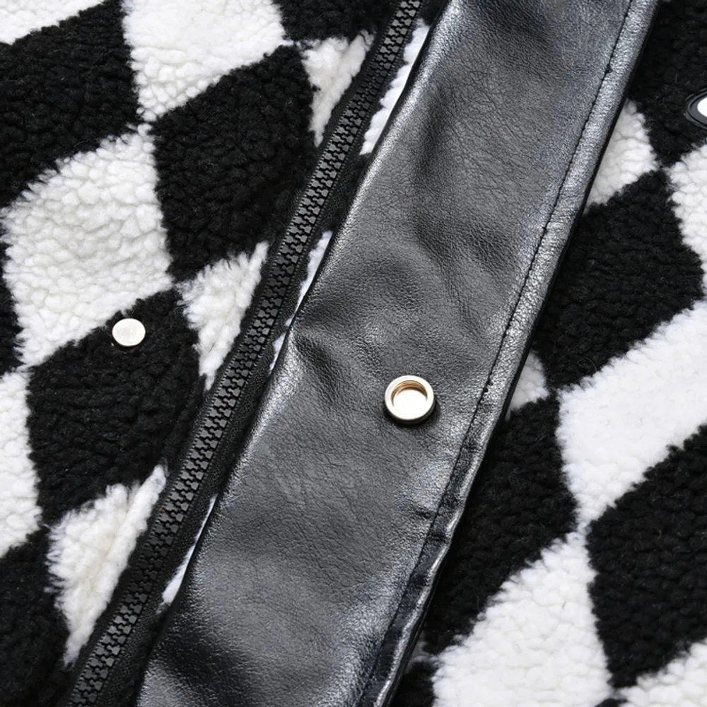【NOW TREND】Plaid Leather Button Sherpa Coat