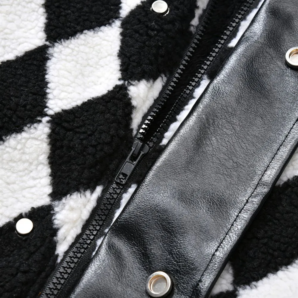 【NOW TREND】Plaid Leather Button Sherpa Coat
