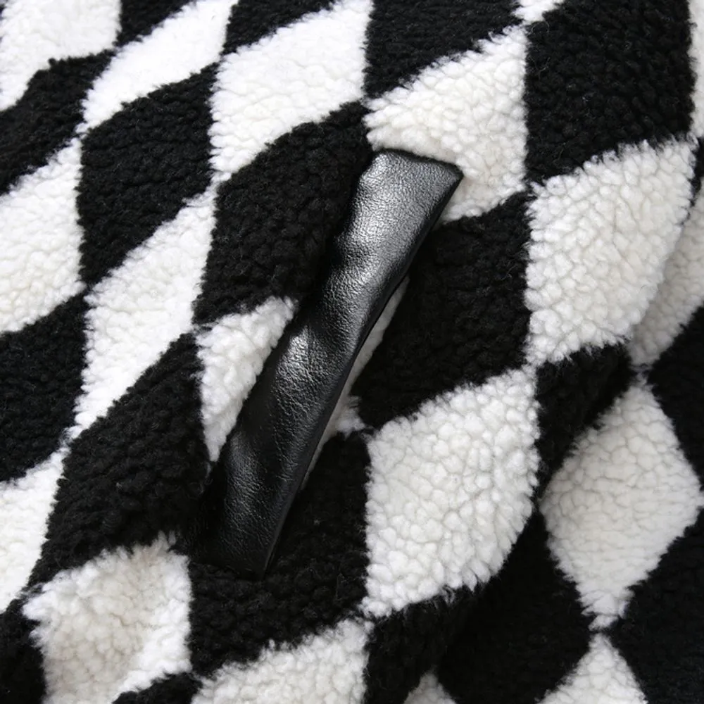 【NOW TREND】Plaid Leather Button Sherpa Coat