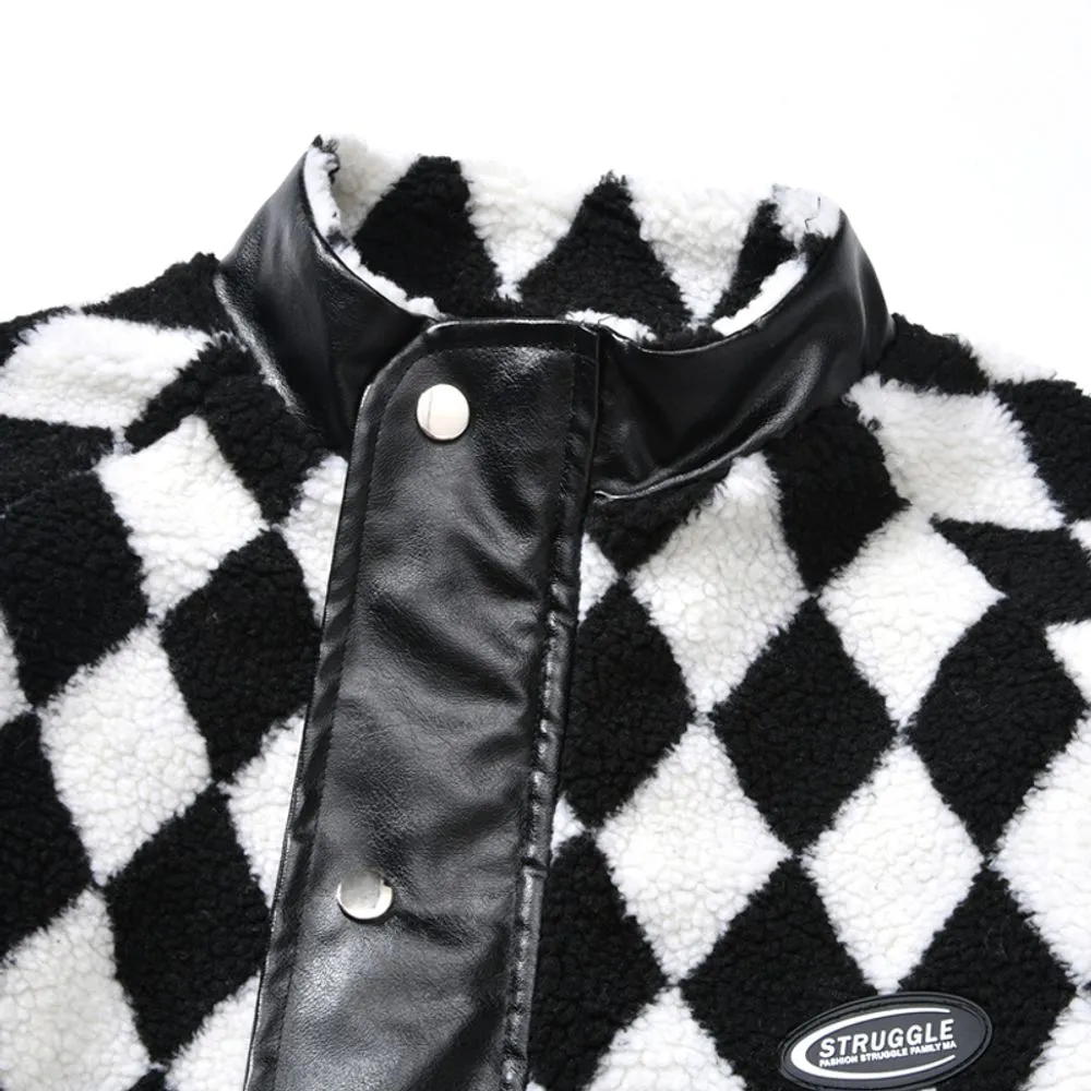 【NOW TREND】Plaid Leather Button Sherpa Coat