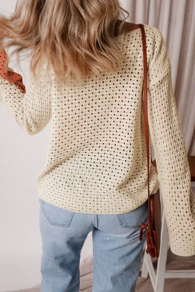 Openwork Color Block Long Sleeve Sweater