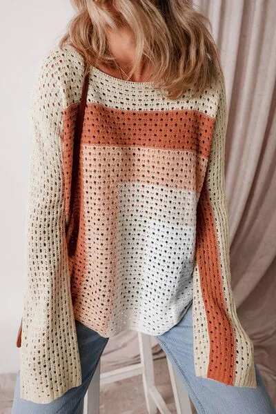 Openwork Color Block Long Sleeve Sweater