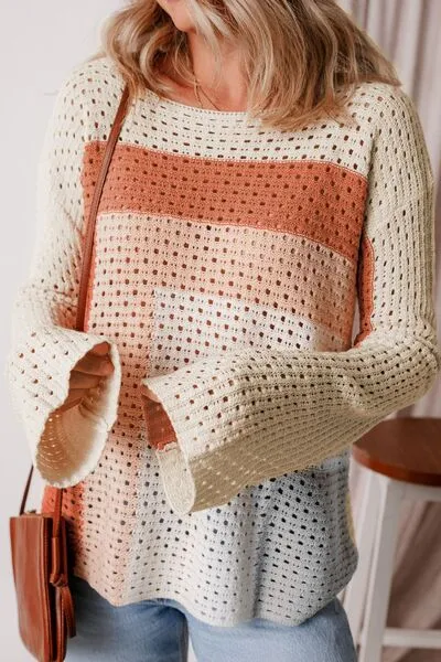 Openwork Color Block Long Sleeve Sweater