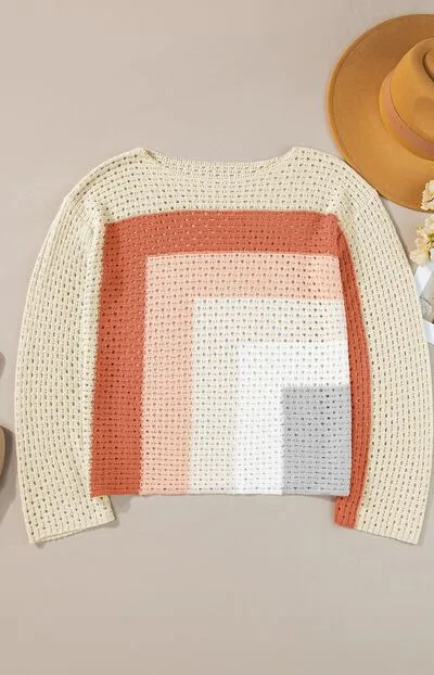 Openwork Color Block Long Sleeve Sweater
