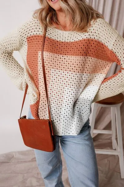 Openwork Color Block Long Sleeve Sweater