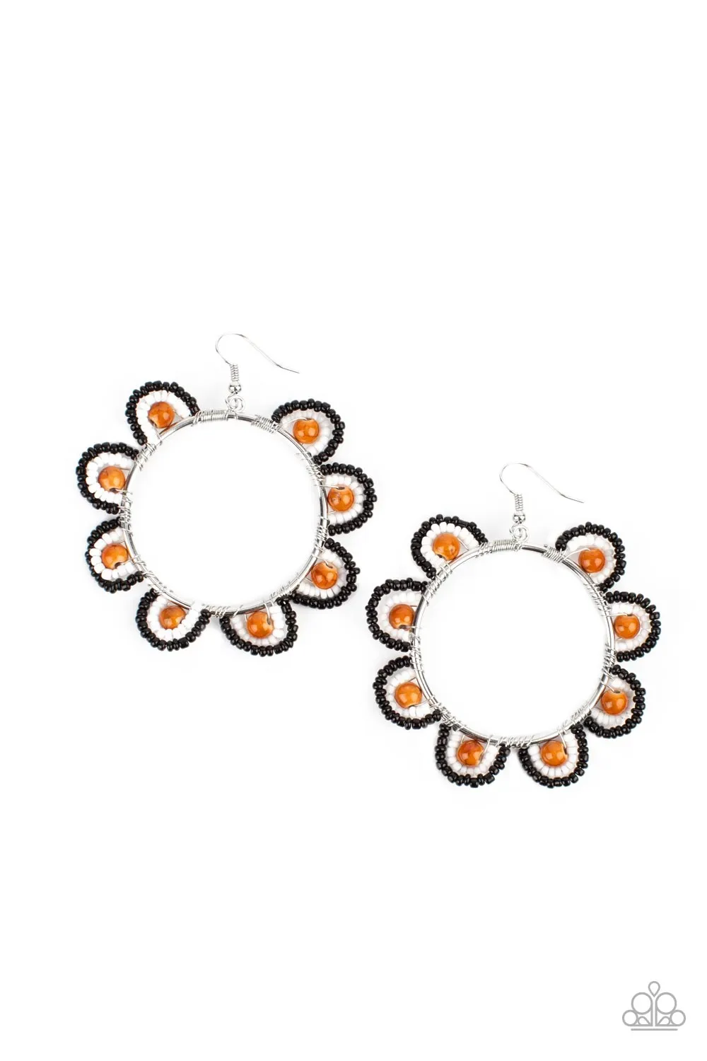 Paparazzi " Groovy Gardens " Silver Metal & Brown/White Seed Bead Orange Bead Hoop Earrings