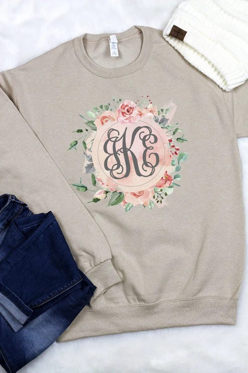 Peach and Rose Floral Monogram Unisex NuBlend Crew Sweatshirt