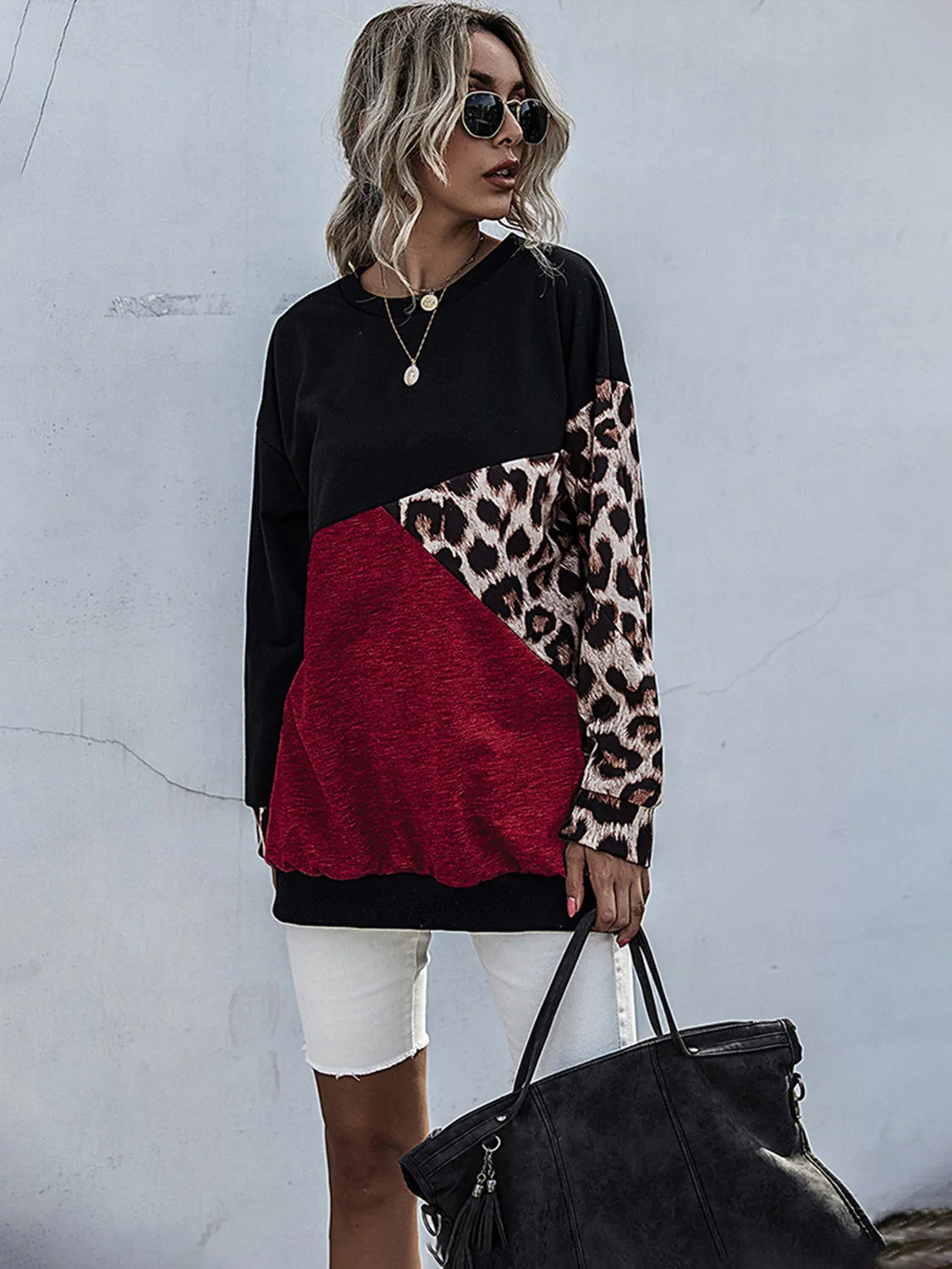 Perfee Leopard Contrast Color Long Sleeve Sweatshirt