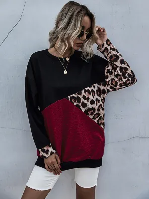 Perfee Leopard Contrast Color Long Sleeve Sweatshirt