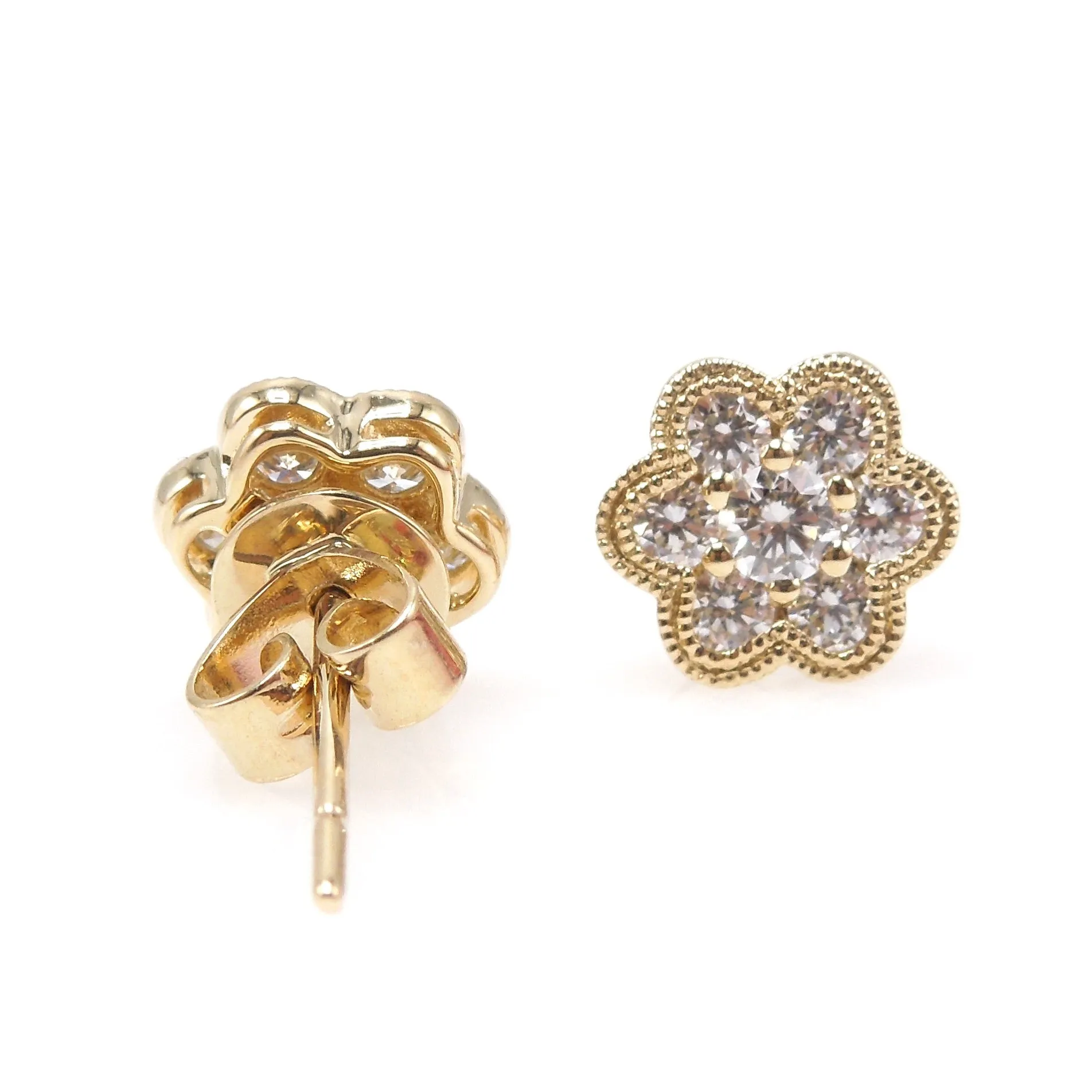 Petite Yellow Gold and Diamond Flower Stud Earrings