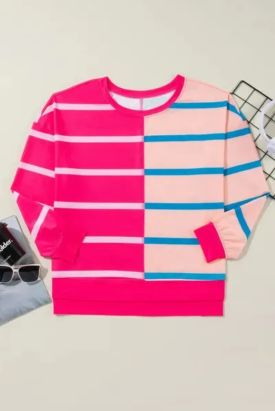 Plus Size Color Block Round Neck Long Sleeve Top