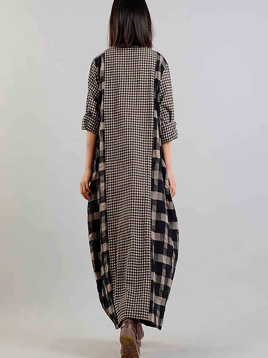 Plus Size Different Colored Plaid Retro Cotton Linen Dress