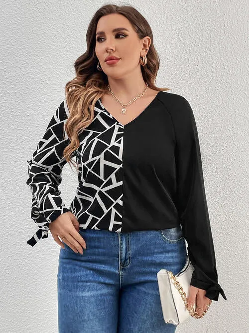 Plus Size Geometric Color Block V-Neck Long Sleeve Top