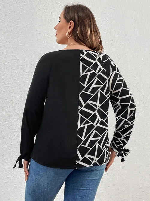 Plus Size Geometric Color Block V-Neck Long Sleeve Top