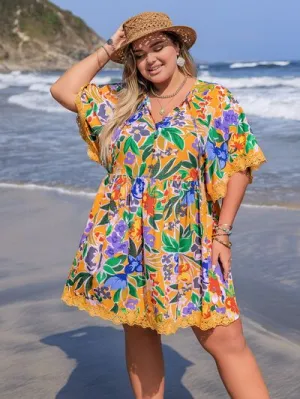 Plus Size Lace Detail Printed Dress