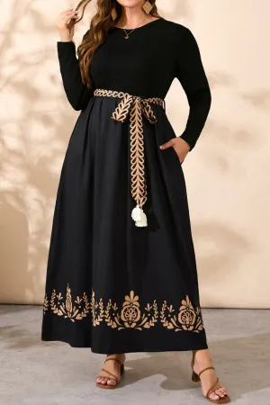 Plus Size Printed Hem Round Neck Long Sleeve Dress