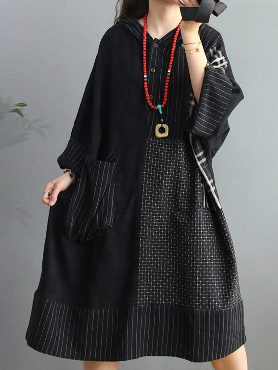 Plus Size Retro Plaid Big Pocket Hooded Dress