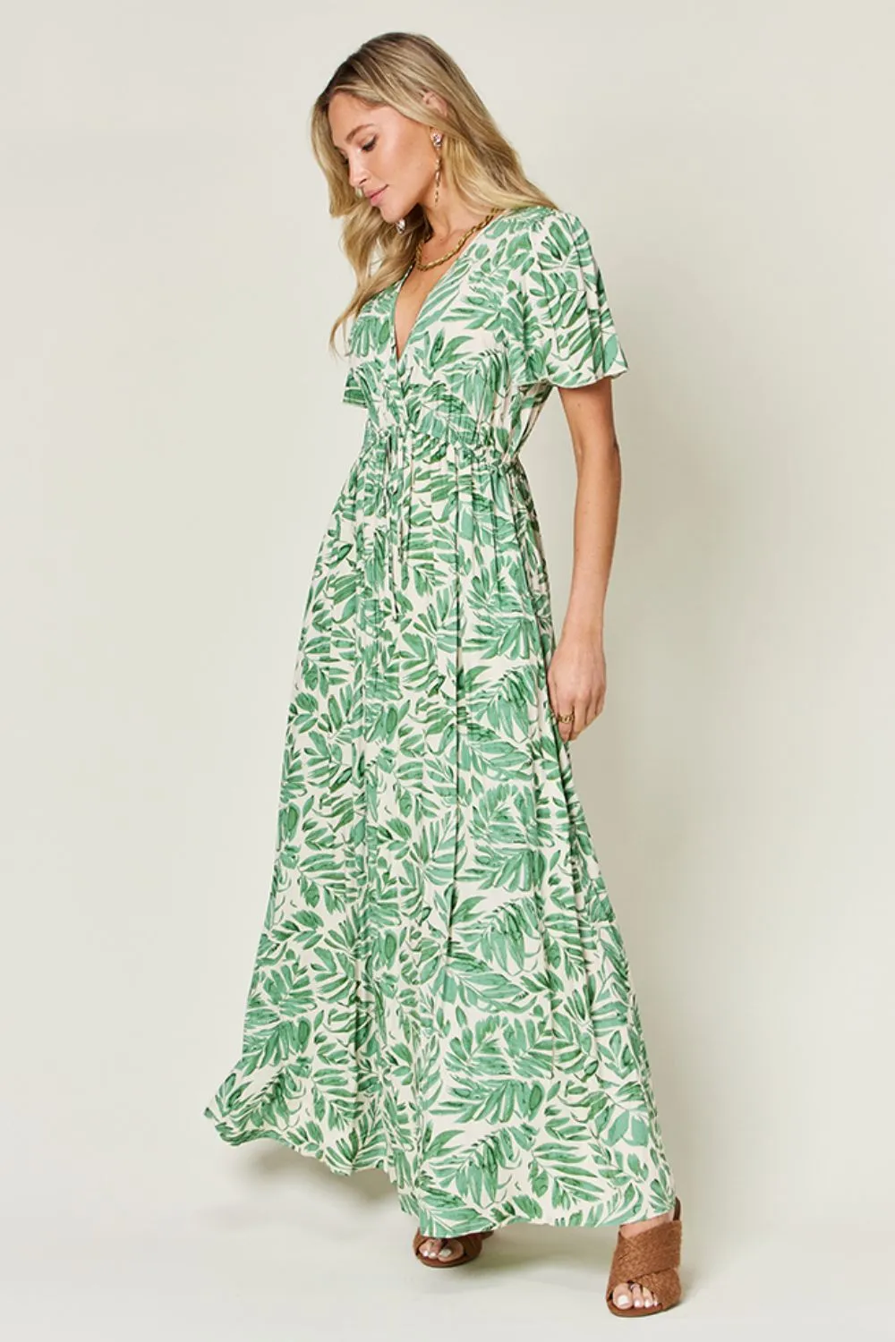 Printed Drawstring Short Sleeve Dress