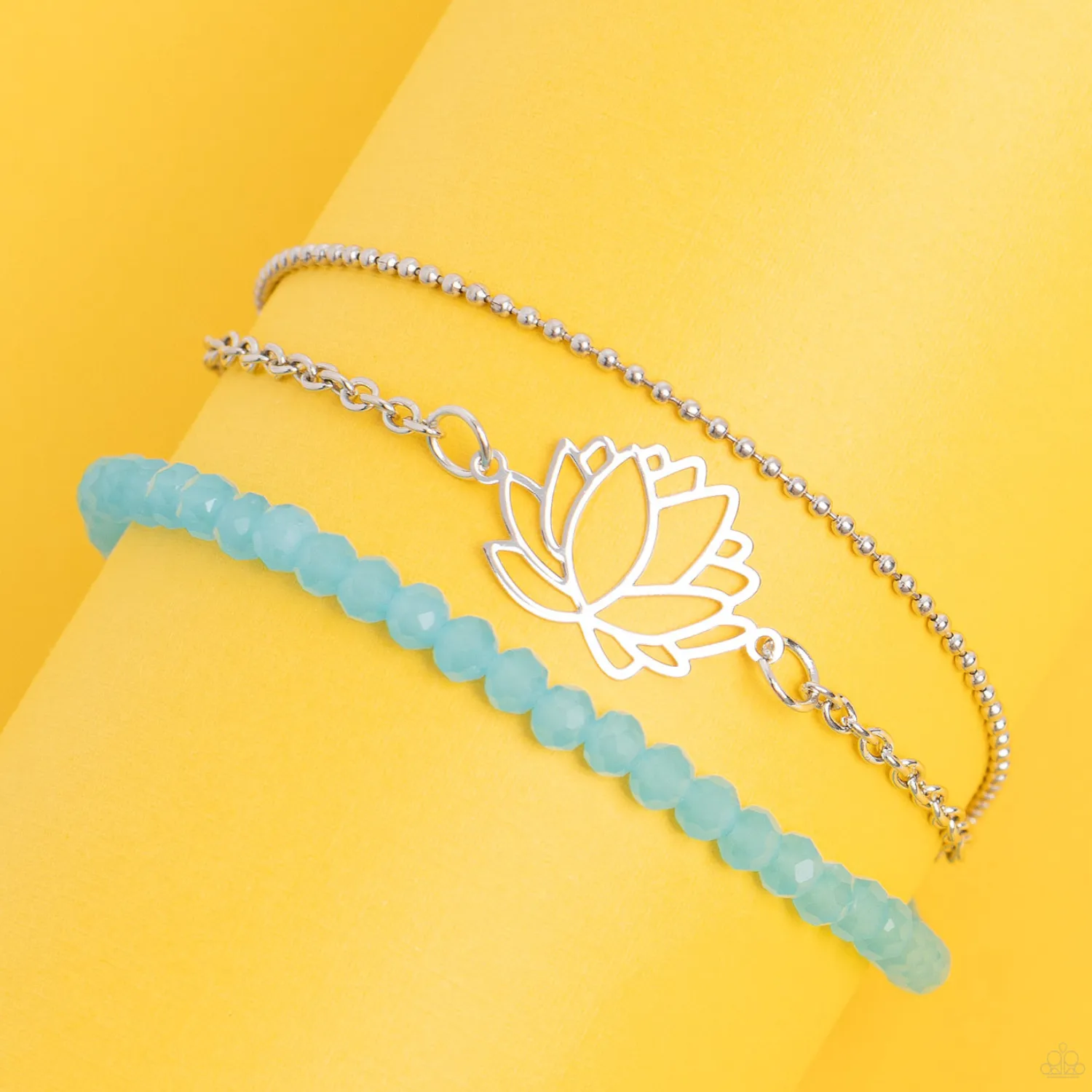 "A Lotus Like This" Silver Metal, Lotus Flower & Pink Crystal Multi Strand Bracelet